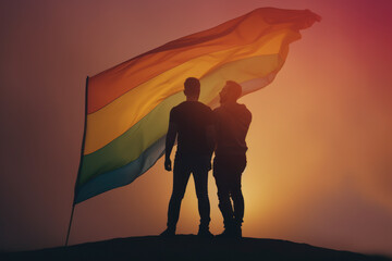 Gay Couple with pride flag. AI Generated