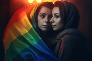 Lesbian couple with pride flag. AI Generated