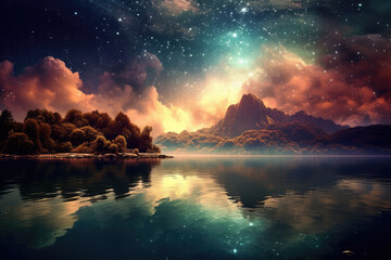 Fototapeta na wymiar Lake dreamy landscape, surreal peaceful scene, epic sky 