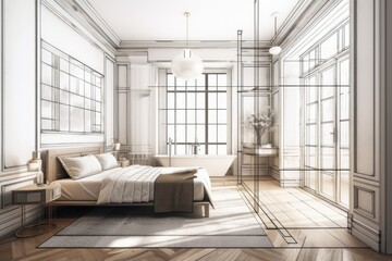 draft of a blueprint project, a luxurious bedroom with a bathroom, parquet flooring, a large window with stained glass, a double bed, a bathtub, and a carpet with poufs,. Generative AI