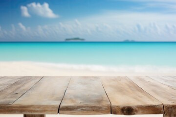 Fototapeta premium Summer idea - wood table top on hazy beach backdrop - may be used to exhibit or montage your items. Generative AI
