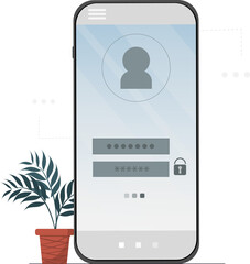 Mobile phone screen with entering to personal account, landing page with login and password, trying to find password to the personal account in social media, entering password at the mobile app, flat 