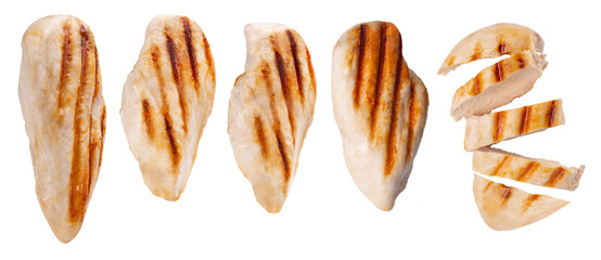 Grilled pieces of chicken breast on a white background. Grilled food with shadows, grilling season