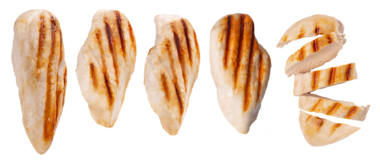 Grilled pieces of chicken breast on a white background. Grilled food with shadows, grilling season
