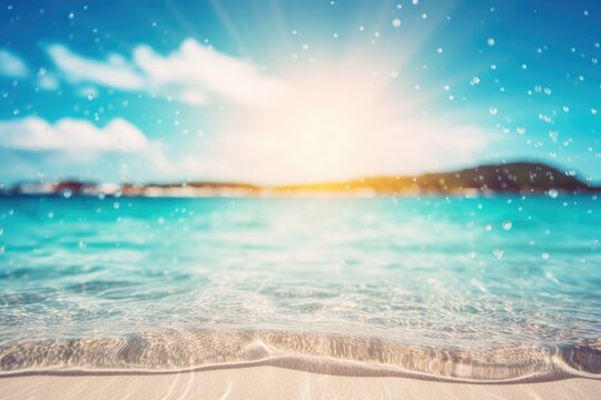 Tropical beach in bokeh with an abstract backdrop of bright waves. Outdoor summer vacation and trip adventure idea copy space. color style with a vintage tone filter effect. Generative AI