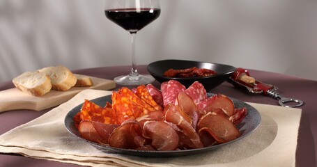 meat slices on a plate. traditional spanish sausage with beef jerky. salchichon, chorizo and...