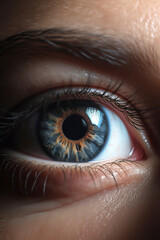 Unveiling the Depth: Close-Up View of an Eye with Camera-Inspired Focus and Blur. AI Generated