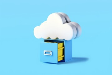 Cloud with an Open File Cabinet Drawer on Blue Background, Cloud Computing Illustrated, AI Generative
