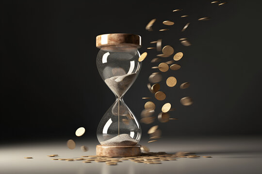 Hourglass and Coins Flying Around, Time Management Concept