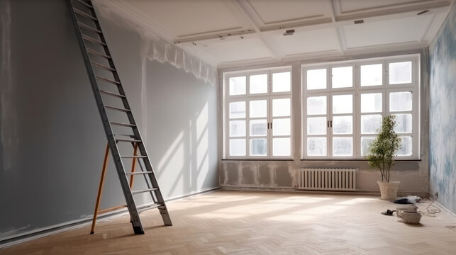 A Room in Renovation in a Modern Apartment with a Ladder and a Gipsum Drywall Being Painted in Blank Canvas color