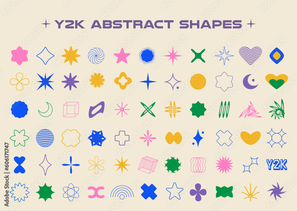 Poster Set of aesthetic y2k geometric shapes. Simple trendy colorful geometric shapes. Retro design elements. Vector illustration for social networks or posters. EPS 10