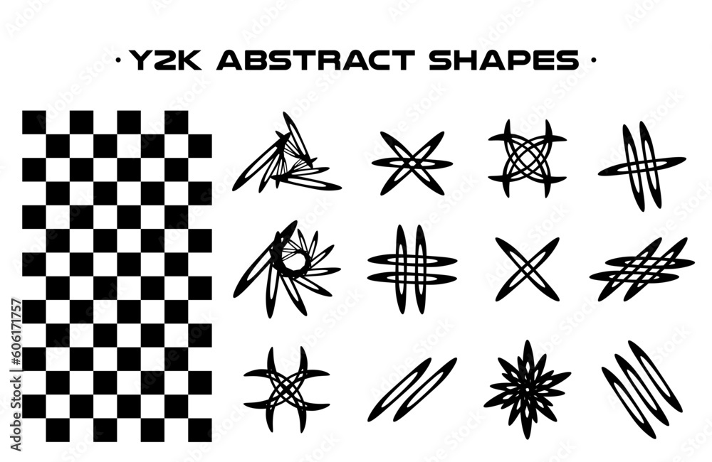 Poster set of aesthetic y2k geometric shapes. simple trendy black and white geometric shapes. retro line de