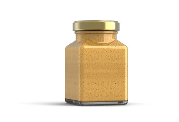 Mustard Glass Jar with Gold Metal Lid 3D Rendering
