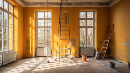 Fototapeta premium A Room in Renovation in a Modern Apartment with a Ladder and a Gipsum Drywall Being Painted in India Yellow color