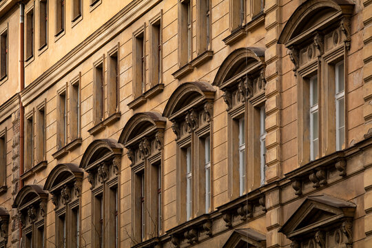 Exterior historical building window pattern, abstract geometric background