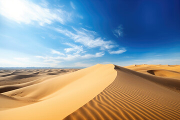 Fototapeta na wymiar Landscape with golden sand dunes in desert with blue sky. Nature desert background. Created with Generative AI