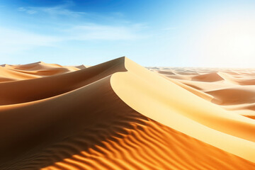 Fototapeta na wymiar Landscape with golden sand dunes in desert with blue sky. Nature desert background. Created with Generative AI