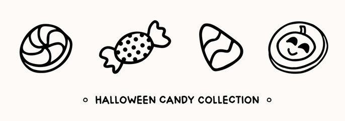 Collection of hand drawn candies in doodle style. Traditional halloween elements