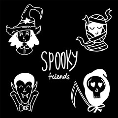 Halloween character set. Cute witch, mummy, dracula and death
