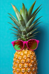 Fashion pineapple sunglasses and headphones listens to music on smartphone over blue background. Generative AI