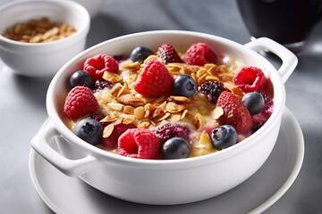 Fit and healthy baked oats with nuts and fruits. Generative AI