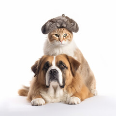 Dog and cat in a gray hat, funny pets, isolated on white close-up, ai generative