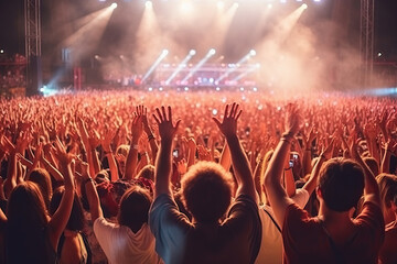 A crowd of people at a concert with their hands in the air created with Generative AI technology