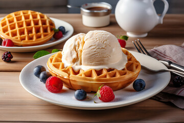 summer breakfast, belgian waffles with fresh fruits. Generative AI