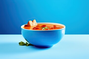 Gaspacho soup on blue tabletop. Three bowls of traditional spanish cold soup puree gaspacho or gazpacho on bright blue background. Top view or flat. Generative AI