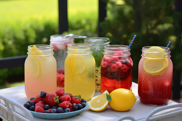 Fototapeta na wymiar Variety of lemonade in jars. Generative AI