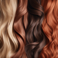 Naklejka premium Texture of strands of curly hair of different colors and shades, red, blond, chestnut, brown, close-up macro, background for advertising banners of beauty and hairdressing salons, generative ai