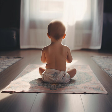 small child in diaper on yoga mat in lotus position, kid meditates, close-up, ai generative