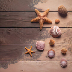 Wooden deck with seashells and starfish. Summer vacation background, website header, banner for travel, tourism, holidays, resort. Flat lay. Generative AI.