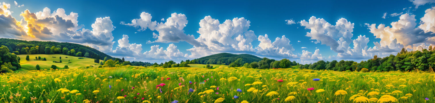 Fields with flowers and green grass, beautifull landscape in the countryside. Summer panoramic background, banner. Generative AI.