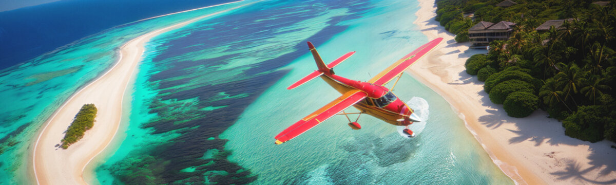 Small plane flying over tropical islands. Summer vacation background, website header, banner for travel, tourism, holidays, resort, flying. Generative AI.