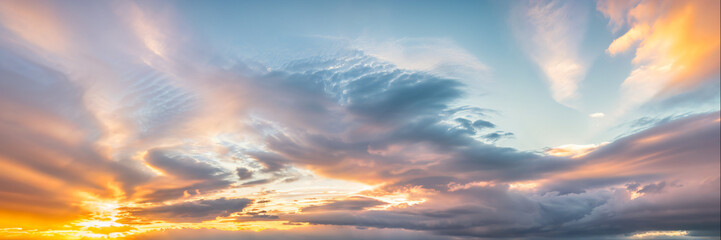 Fototapeta premium Sky with clouds, during sunset or sunrise, panoramic background, header, banner. Generative AI.