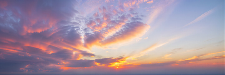 Obraz premium Sky with clouds, during sunset or sunrise, panoramic background, header, banner. Generative AI.