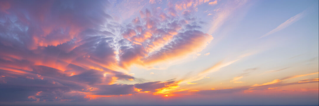 Sky with clouds, during sunset or sunrise, panoramic background, header, banner. Generative AI.