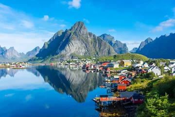 Printed roller blinds Reinefjorden Perfect reflection of the Reine village on the water of the fjord in the Lofoten Islands,  Norway