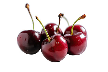 Closeup of some cherries isolated on transparent background. Generative AI