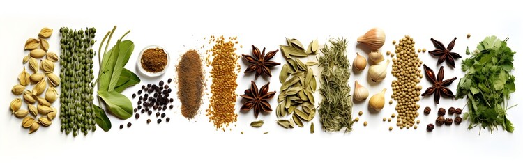 Isolated Line of Fresh Asian Herbs and Spices, Top View, Cooking Ingredient, Commercial Imagery, White Background, Generative Ai, Generative, Ki