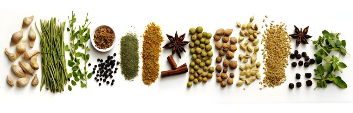 Asian Culinary Essentials: Fresh Herbs and Spices in a Row, Top View, Isolated on White, Subtle Shadows, Commercial Use, Generative Ai, Generative, Ki