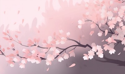 Naklejka na ściany i meble a painting of a tree with pink and white flowers in the branches and a pink sky in the background with a pink and white background. generative ai