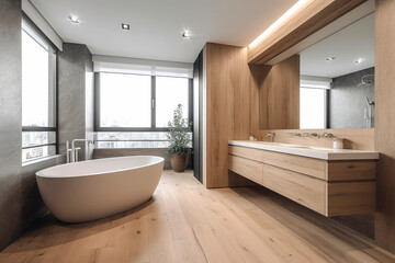 Naklejka na ściany i meble Front view of a wooden bathroom with a white bathtub and shower. Modern hardwood parquet bathroom with a minimalistic design