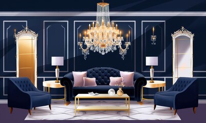  a living room with a couch, chairs, chandelier and a table with a vase on it in front of a blue wall.  generative ai