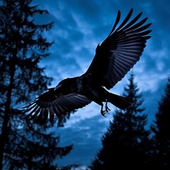 Majestic Raven in Flight, Silhouetted Against the Moon