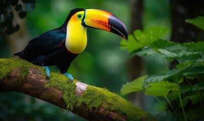 Obraz premium a toucan sitting on a branch in a forest with green plants and trees in the backgrouds of the background,. generative ai