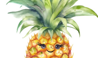  a pineapple with eyes and a smile drawn on it's face with watercolors on it's paper, with a white background.  generative ai