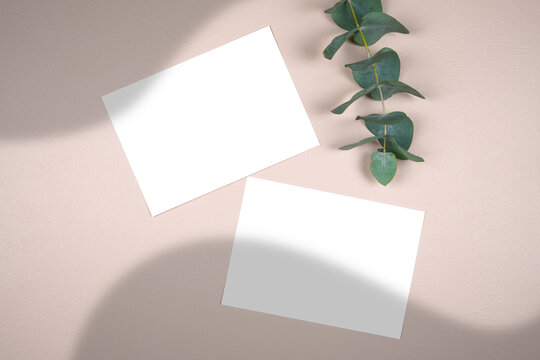 Two horizontal Scandi Boho 5x7 greeting card, party invitation mockup behind on trend shadows photography.