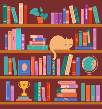 Bookshelf concept illustration. A lot of books on the shelf, clock, cat, plant and globe